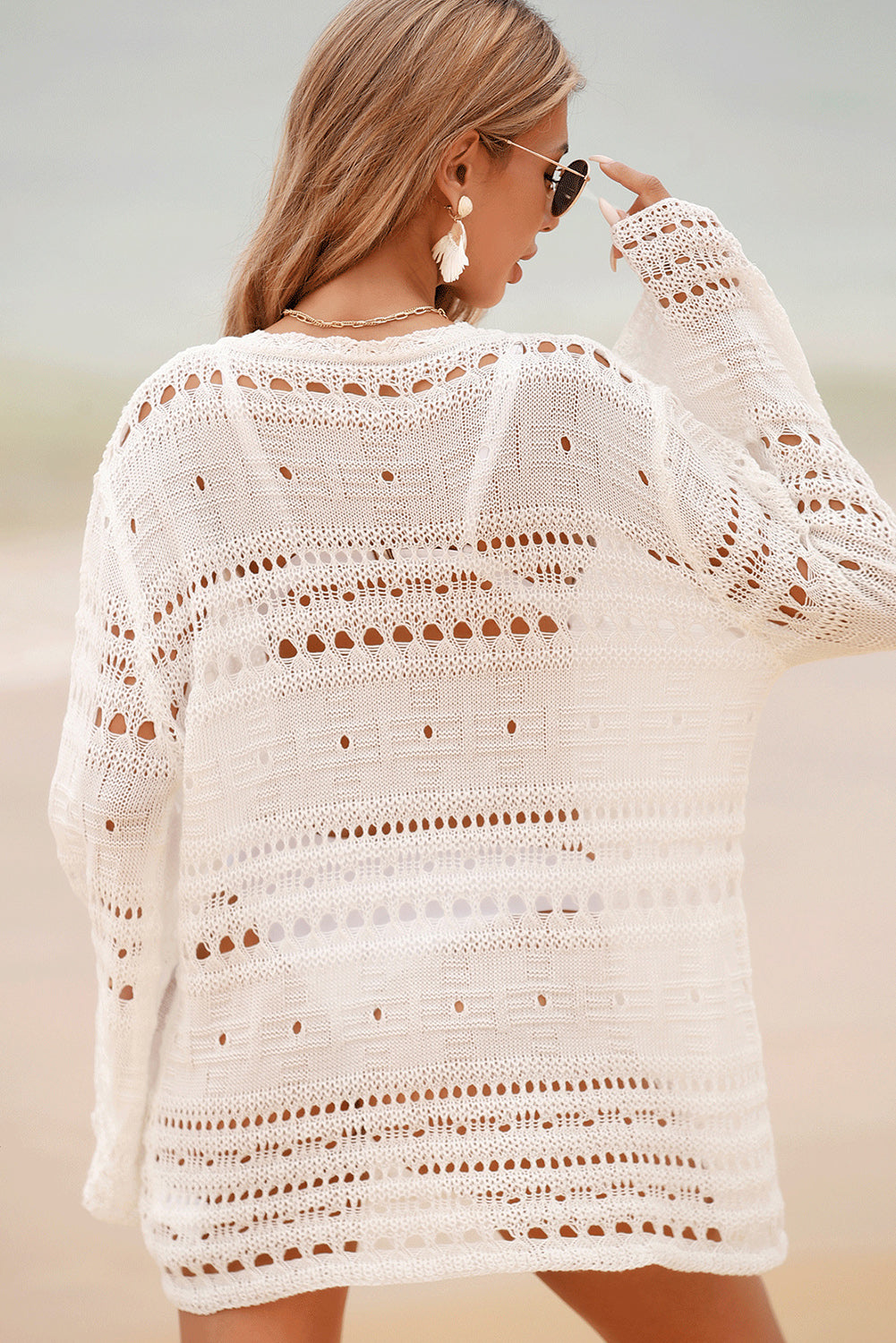 White Lace-up V Neck Hollow Out Knitted Long Sleeve Cover Up