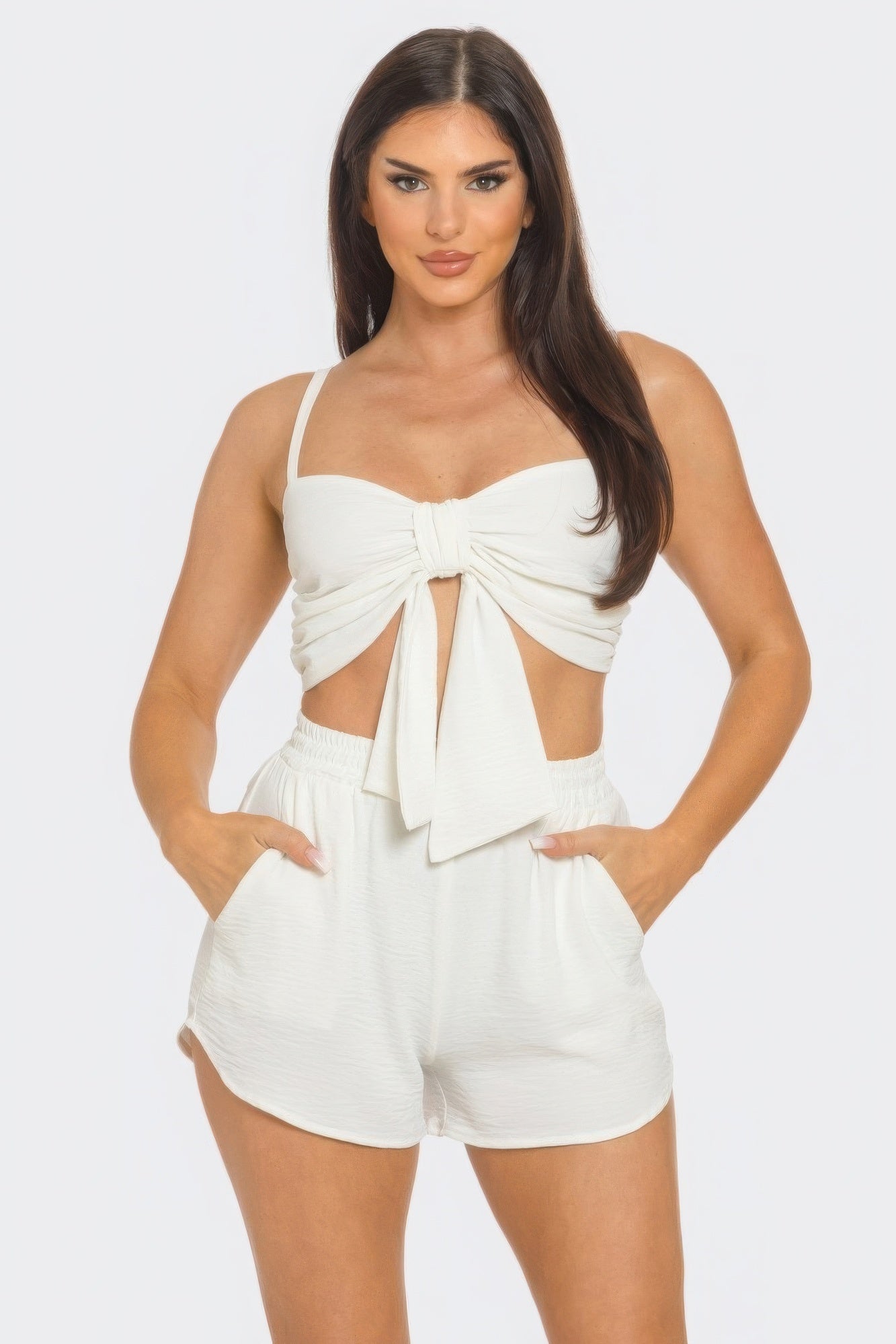 Front Oversized Bow Twisted Tie Top And Shorts Set